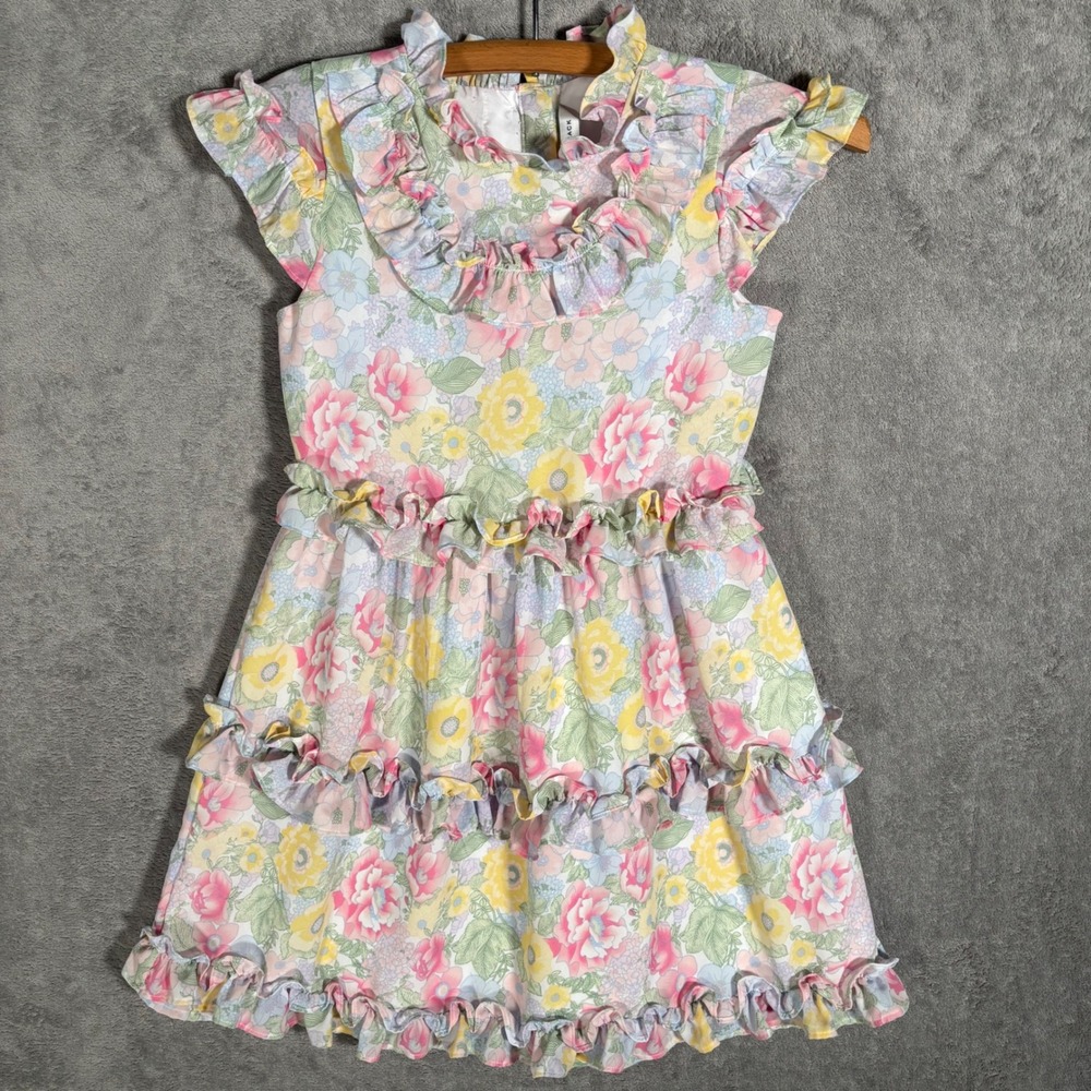 Janie and Jack Girls Size 8 Floral Tiered Ruffle Dress Pastel Pink Yellow Blue